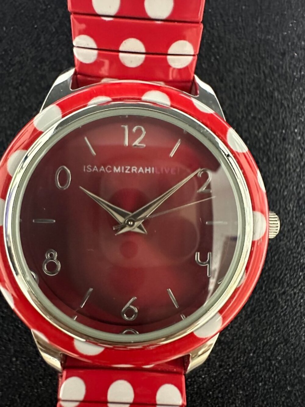 Isaac Mizrahi Watch Women Silver Tone Red White Polka Dot New Battery 6.75 Inch